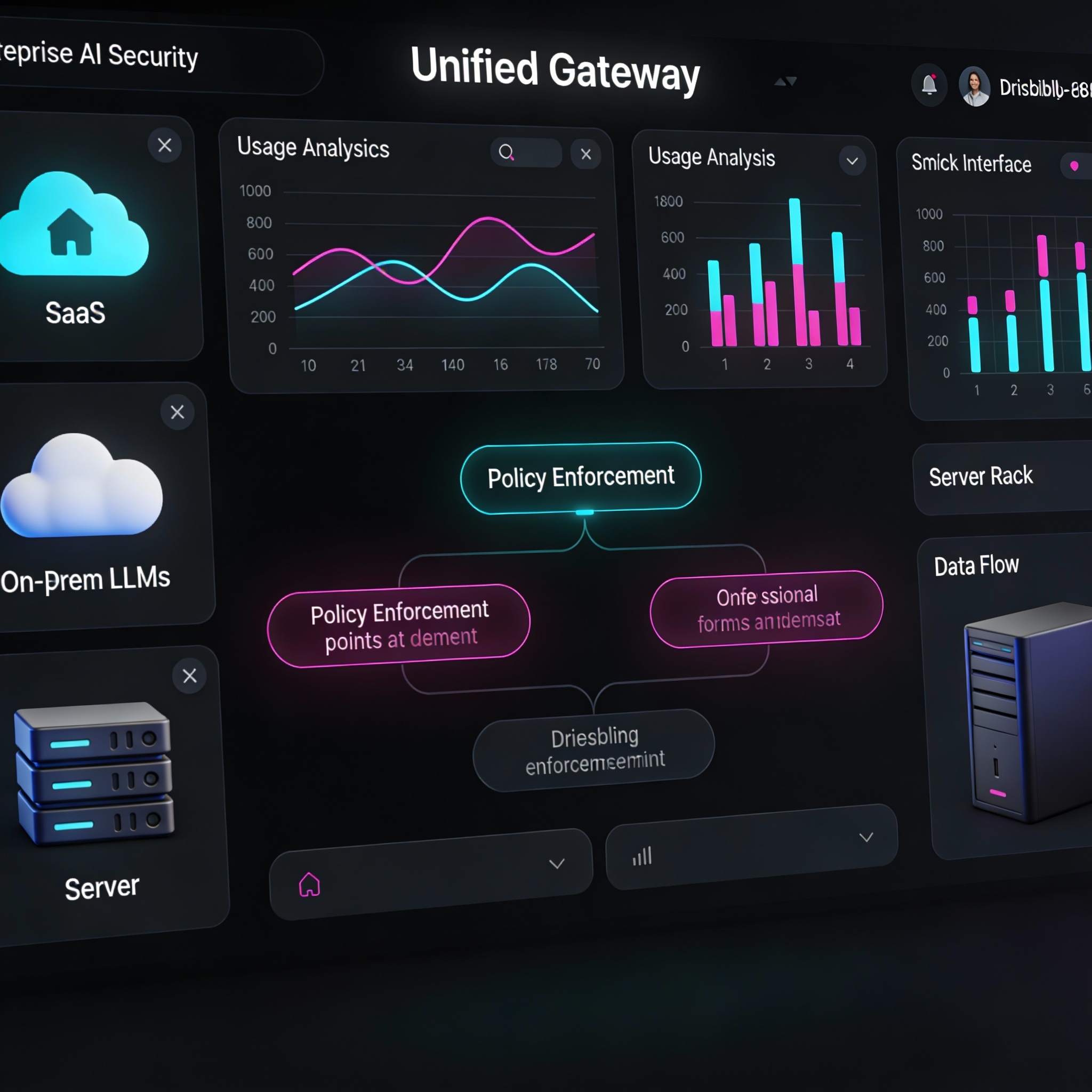 Enterprise AI security gateway dashboard displaying unified policy controls and usage analytics for SaaS, cloud, and on‑prem LLMs