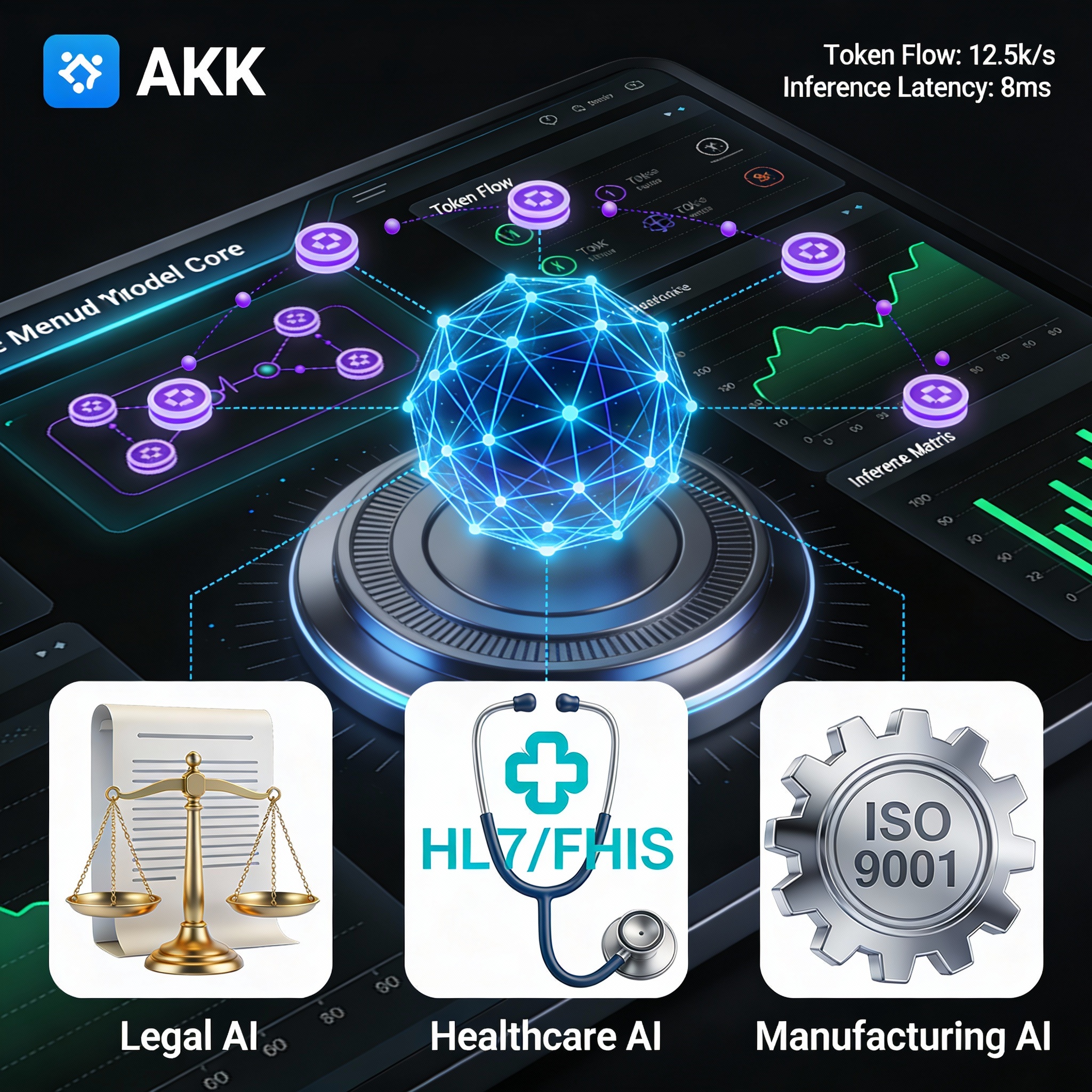 AI model connecting legal, health, and manufacturing domains with contract, medical, and factory icons – open source domain‑enriched LLM illustration
