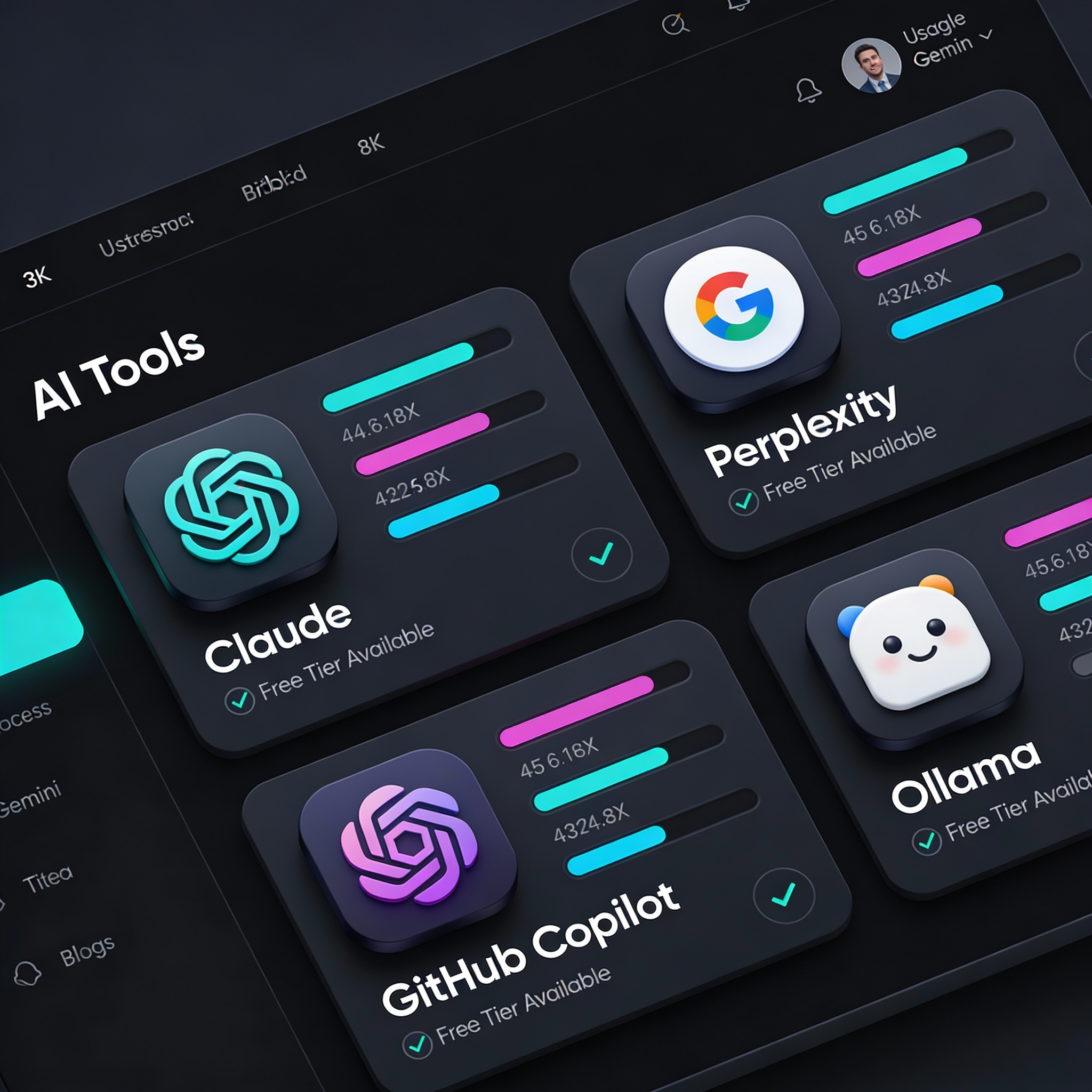 Futuristic AI tools dashboard illustration showing free AI services like Claude, Perplexity, Gemini, Copilot, and Ollama with usage stats – 2026 free AI tools comparison.