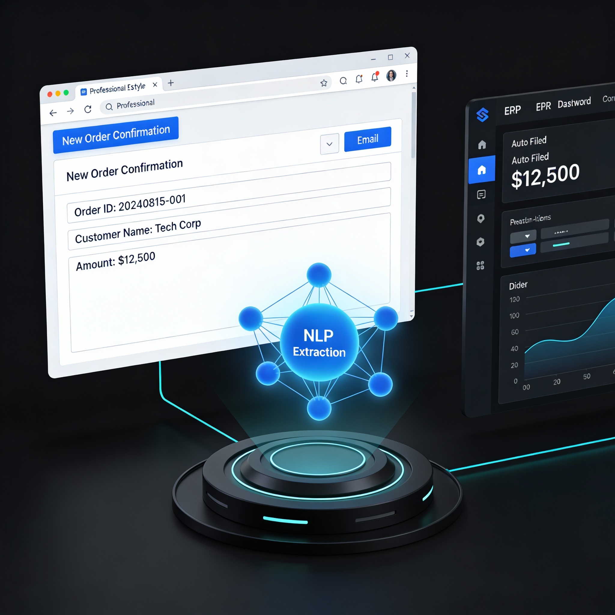 AI email‑to‑ERP extraction workflow illustration for procurement automation