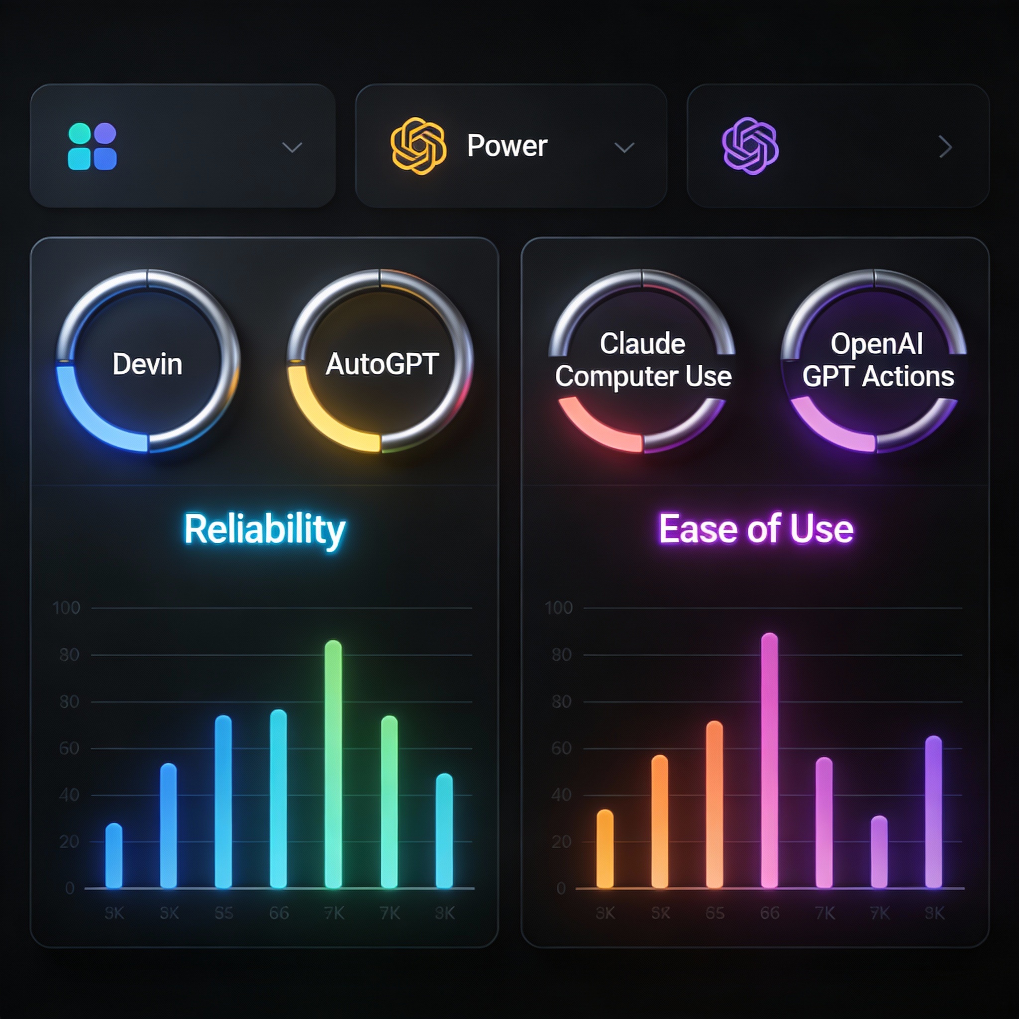 Comparison dashboard of AI agents Devin, AutoGPT, Claude Computer Use, and OpenAI GPT Actions showing reliability, power, and ease of use metrics for SEO
