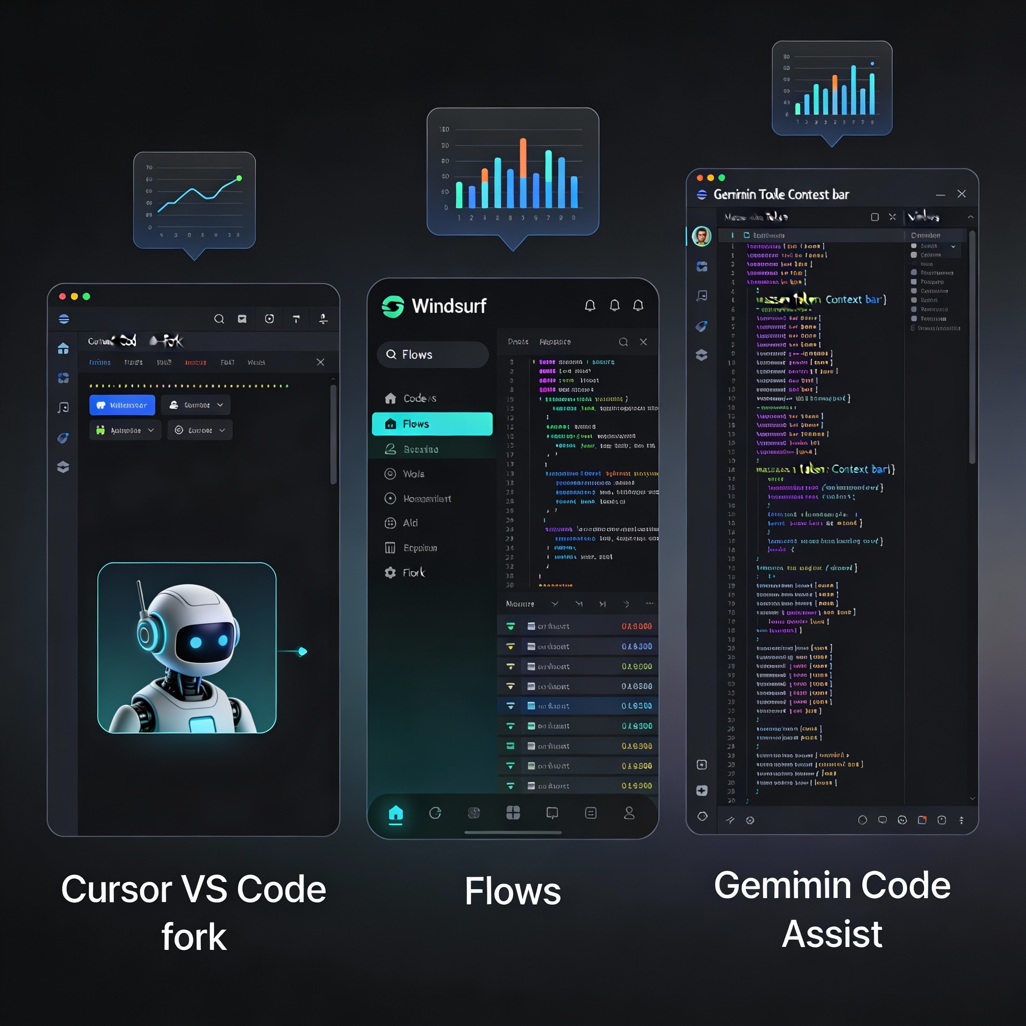 Comparison of AI coding assistants Cursor, Windsurf, and Gemini Code Assist interfaces and key features
