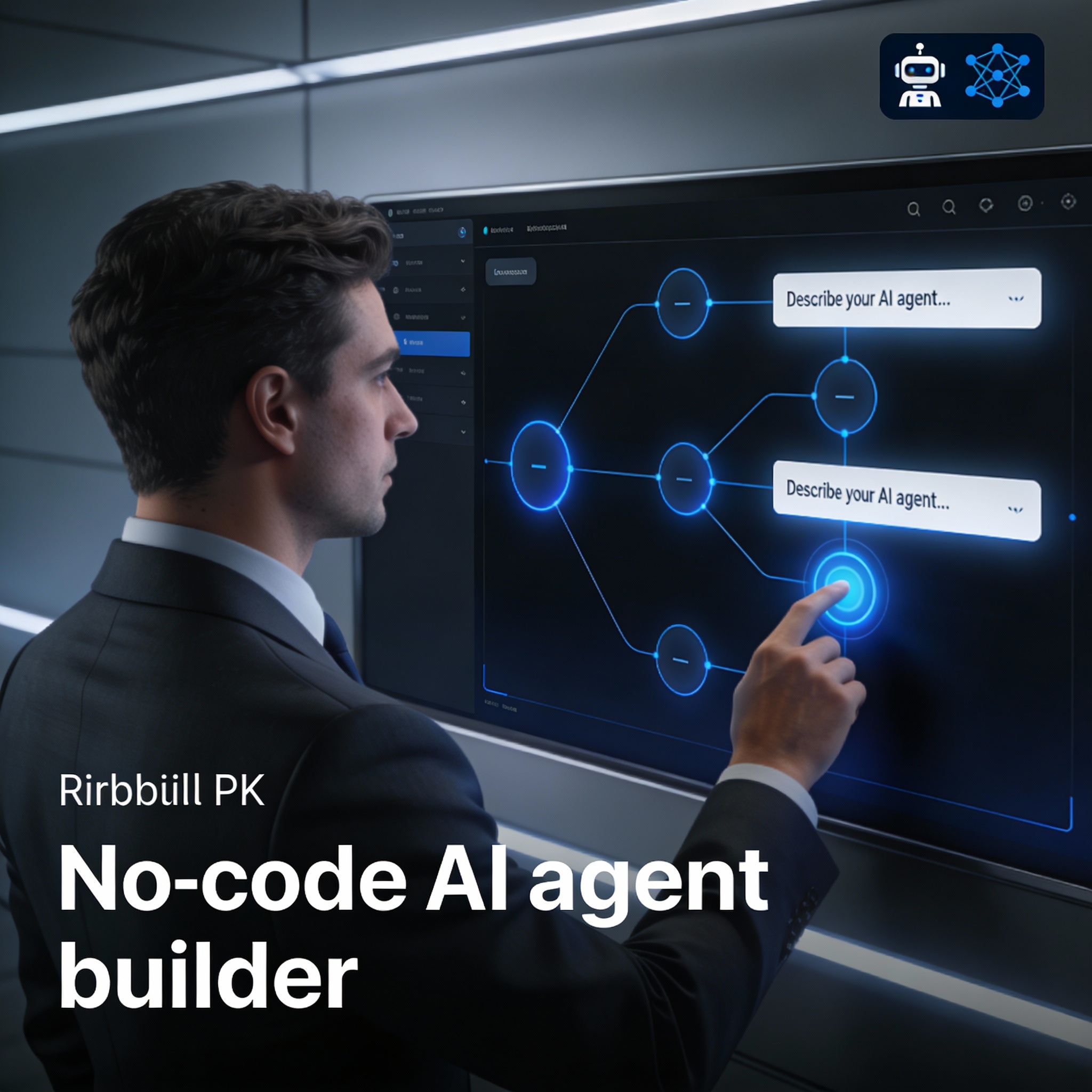 no-code AI agent builder interface for business users illustrating drag-and-drop visual authoring and natural‑language configuration