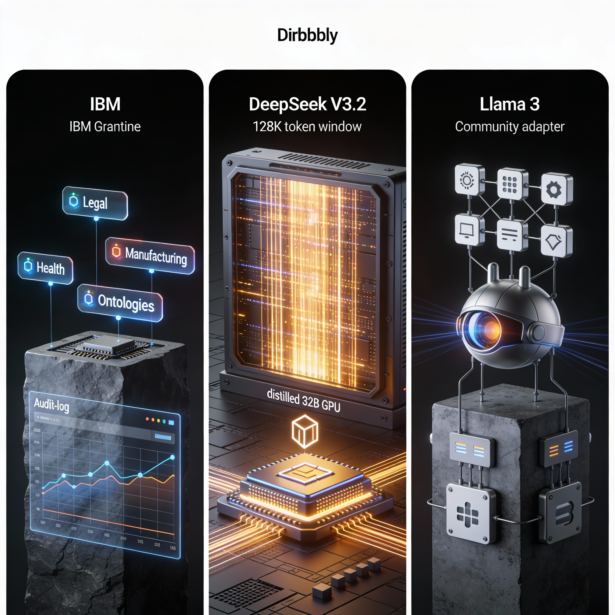 Three‑panel illustration of IBM Granite, DeepSeek V3.2, and Llama 3 highlighting domain enrichment, long‑context reasoning, and community adapters